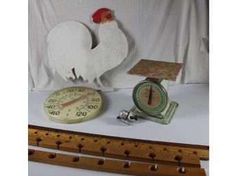 Vintage Hanson Baby Scale, Outdoor Thermometer Yardsticks, Fishing Reel And A Chicken