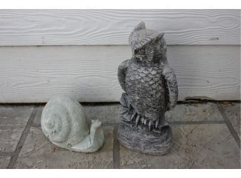 Concrete Owl16 In Yard Ornament And Terracotta Clay Snail 7 In