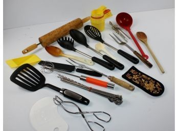 Kitchen Utensil Lot 1 - Rolling Pin, Tupperware Measuring Cup, Long Handled Utensils