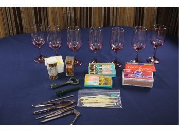 7 Pink Tint Wine Glasses, Corkscrews, Party Pics, Nutcrackers