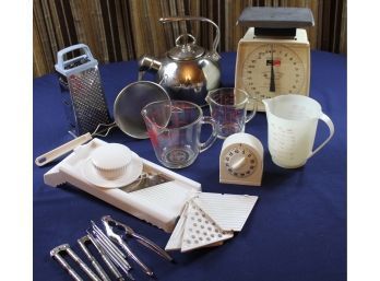 Vintage Large Hanson Scale, Timer, Slicer, Strainer - Tea Kettle Needs Repair- Measuring Cups, Shredder
