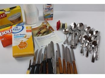 Miscellaneous Silverware, Knives, Trash Bags, Dryer Sheets