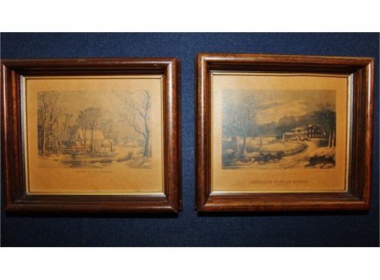 2 Framed Vintage Prints 7.5 X 6.5 ' American Winter Scenes' ' Winter In The Country'