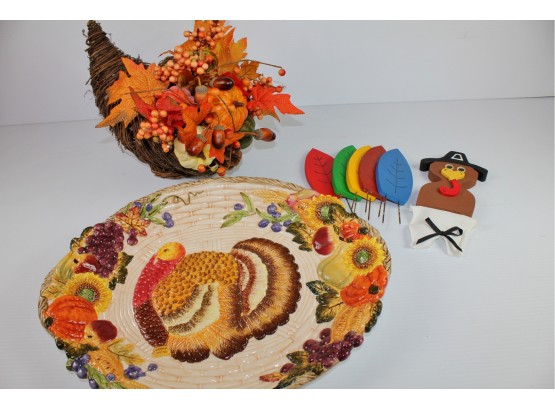 Ceramic Ganz Bella Casa Turkey Platter, Silk Cornucopia, Wooden Turkey With Feather Set