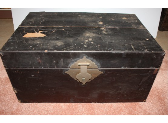Old Black Chinese Chest  Metal Hardware 27 X 18 X 13.5 Tall  Black Is Peeling In Areas