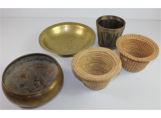 Three Baskets - 2 Appear To Be Handmade- Brass Footed Pot, Brass Bowl