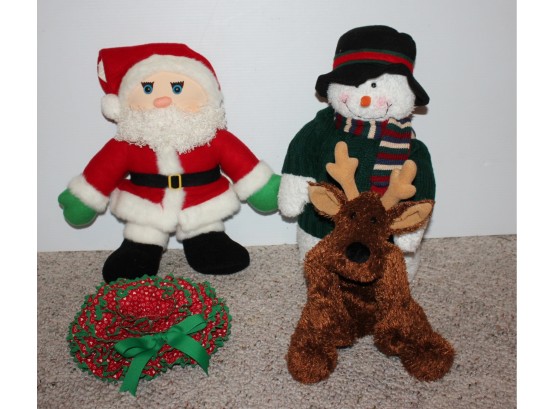 Stuffed Lot  Santa, Reindeer, Snowman With Weighted Bottom And Wreath