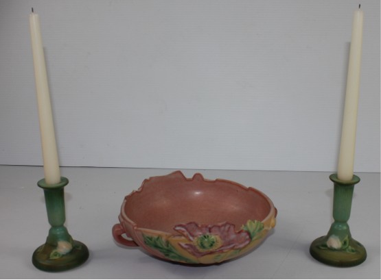 Roseville Pottery - Bowl With Broken Petals & Candle Holders
