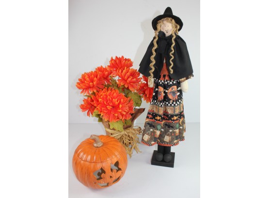 Ceramic Pumpkin, Wooden Witch, Silk Flower Arrangement