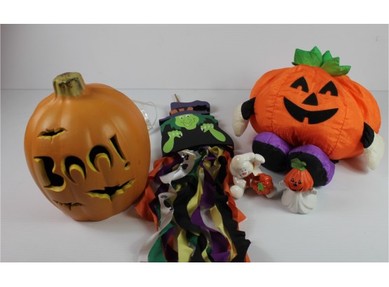 Wooden Witch With Streamers, Plastic Lighted Pumpkin, Stuffed Pumpkin, 2 Ceramic Ghosts