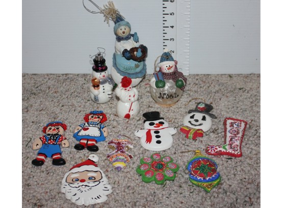 Snowman, Raggedy Ann And Andy, And Other Ceramic Ornaments - Small Plastic Snowman Is Vintage