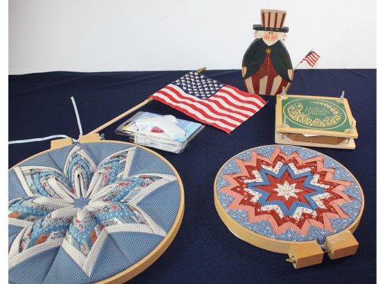 Craft Lot  Two Quilted Hoop Hangings, Leaf And Flower Press, Unopened Glue Gun, Wooden Uncle Sam
