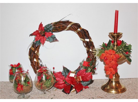 Christmas Wreath And Nice Brass Candlestick With Three Glass Vases