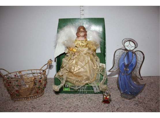Angel Lot-  Tree Topper, Metal Basket, 2 Stained Glass Angels