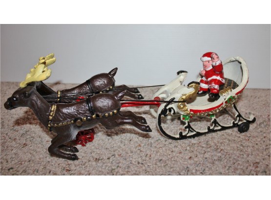 Vintage Cast Iron Santa And Sleigh With Two Reindeer  Unsure About Pin Included