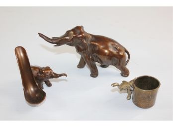 Elephant Lot 2-  Antique Brass Elephant Pipe Stand, Small Brass Bronze Match Safe, Brass Standing 7w X 4T