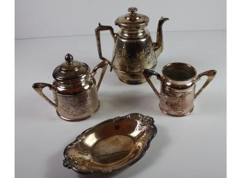 Silver Plated Lot - Rockford Quad Plated Sugar & Creamer, Simpson Hall Miller Co Teapot & Int'l Silver Co Tray