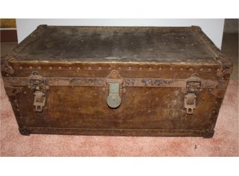 Antique Metal Trunk With Metal Hardware With Leather Handles  James S Tophan Emblem 31 X 17 X 13.5