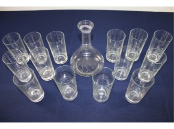 Glass Carafe And 14 Glasses All Monogrammed 'C'