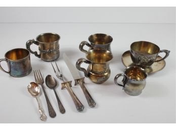 Silver Plated Lot - 1 Mustache Cup With Saucer , Five Cups, Miscellaneous Silverware And Meat Set