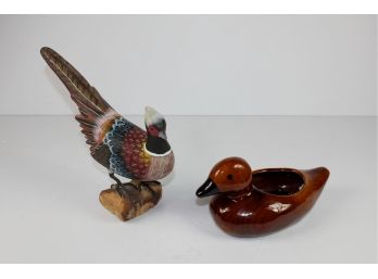 1 Ceramic Pheasant And One Wooden Duck #551 Made In People's Republic Of China