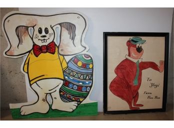 Yogi Bear Drawing By Brenda Sue Morris 30.5 X 24.5, Wood Bunny Yard Art Painted By Local Artist Amboo Ploy