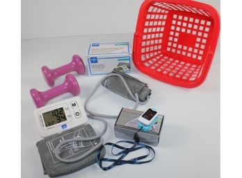 Basket With Hand Weights, Digital Blood Pressure, Pulse Oximeter