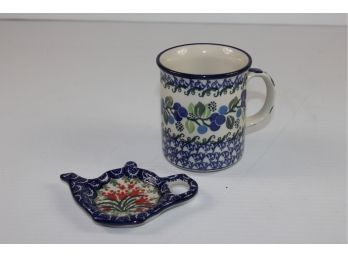 Polish Pottery - Coffee Cup MRR - 29 And Spoon Rest