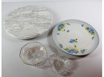 Marble Lazy Susan 15 In Made In Italy, Blue Floral Plate 12.5 In Made In Prussia, 2 Cute Glass Bowls