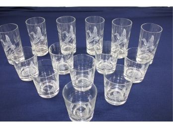 Vintage Duck Etched Glasses  Six Large And Eight Small