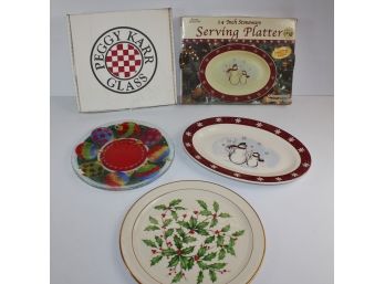 3 Christmas Platters  12.5 In Lenox Holly, Peggy Karr Glass
