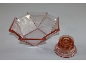 Pink Depression Glass - Elegant 8 Sided Serving Bowl  And A Candle Holder