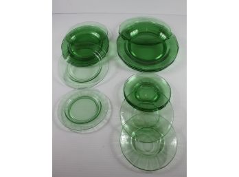 Vintage Uranium Green Depression Glass Lot 9 - Variety Of Plates 6 Dinner, 7 Dessert, 5 Saucers,1 - 6' Dessert