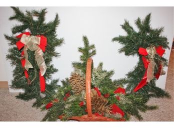 Large Basket With Christmas Greenery And 2 Evergreen Swags