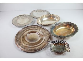 Silver Plated Lot - 3 Trays, Two Serving Dishes, One Basket - See Description
