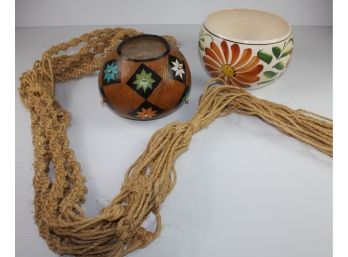 Macrame Hanger, Gord Bowl, Ceramic Mexico Flower Pot