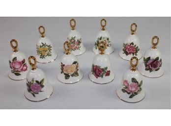 10 American Rose Bells From The Danbury Mint, 4in Tall Each Made Of Fine English Bone China