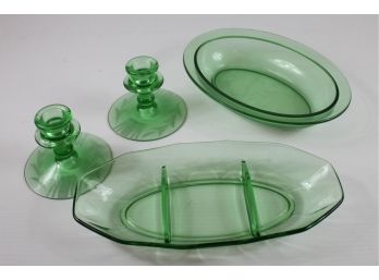 Vintage Uranium Green Depression Glass Lot 2 - 2 Serving Dishes, Two Candle Holders - One Has A Large Chip