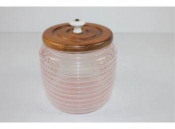 Pink Depression Glass Canister With Wooden Lid