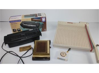 Office Lot - Boston Paper Cutter, Shredder, Address Book, Pencil Holder, Lead Replica Of Gold Brick