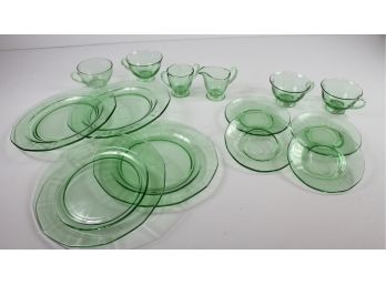 Vintage Uranium Green Depression Glass Lot 3 - A Set Of Four Plates, Saucers And Cups, Sugar And Creamer