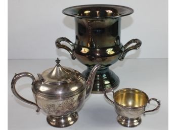 Silver-plated Trophy, Empire Silver Company Silver Plated Teapot And Sugar