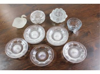 Clear Glass Lot  11 Matching Saucers And Miscellaneous Pieces