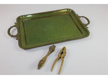 Two Antique Brass Nut Crackers And Unique Vintage Serving Tray