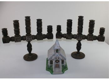 Pair Of Artesian Handmade Wooden Tapered Candle Stick Holders, Parti-Lite Ceramic Church For Tea Light