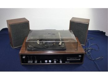 Vintage 70s Montgomery Ward Stereo  Record Player, 8-track, AM FM, Two Speakers