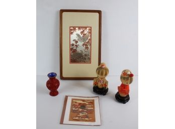 Oriental Lot  2 - 5 In Wooden People, 4 Inch Red Vase, Card, Etching Of ' Quail Of The Golden Maple'