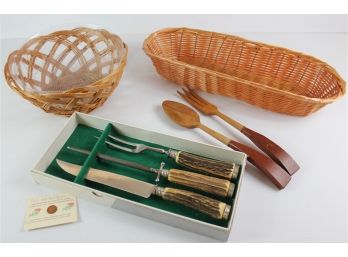 Vintage 3 Piece Ed. Staghorn Three Piece Set Wooden Utensils, Two Wicker Baskets