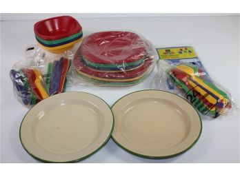 2 Enamel Plates And Plastic Tableware And Cover