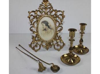2 Brass Candle Holders, 2 Brass Snuffer's, Heavy Antique Ornate Brass Frame